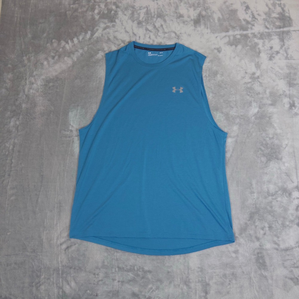 Under Armour Tank Top Mens Large Blue Threadborne HeatGear Sleeveless Gym Shirt